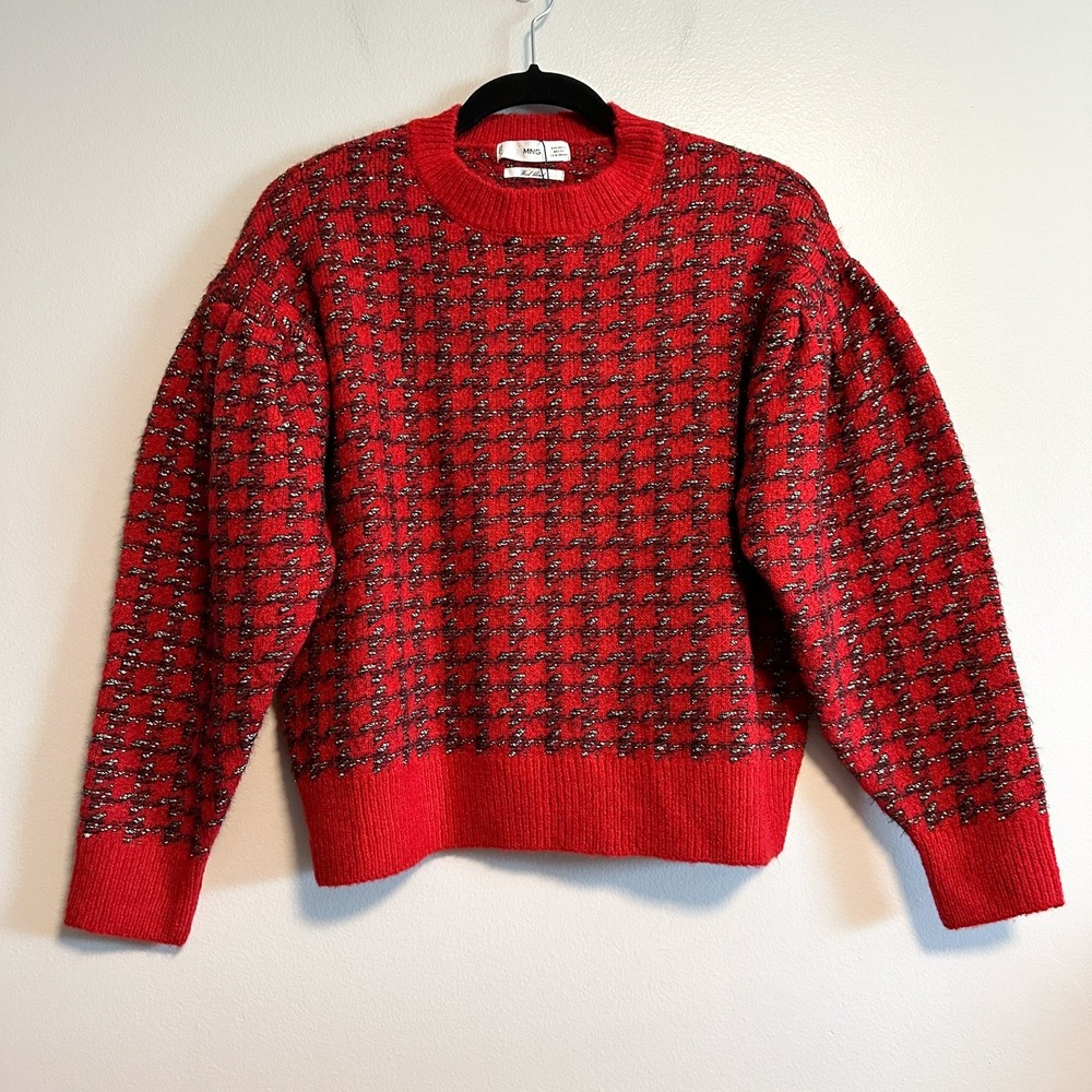 MNG Mango Houndstooth Wool Blend Knit Sweater Size S Red Black Metallic - Picture 5 of 13